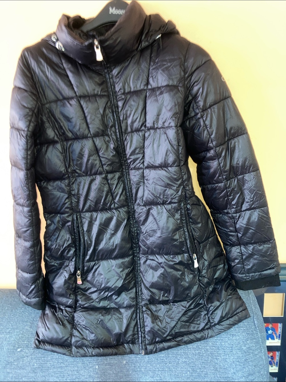Calvin Klein Shiny Black Quilted Mid-Length Puffer with Hood